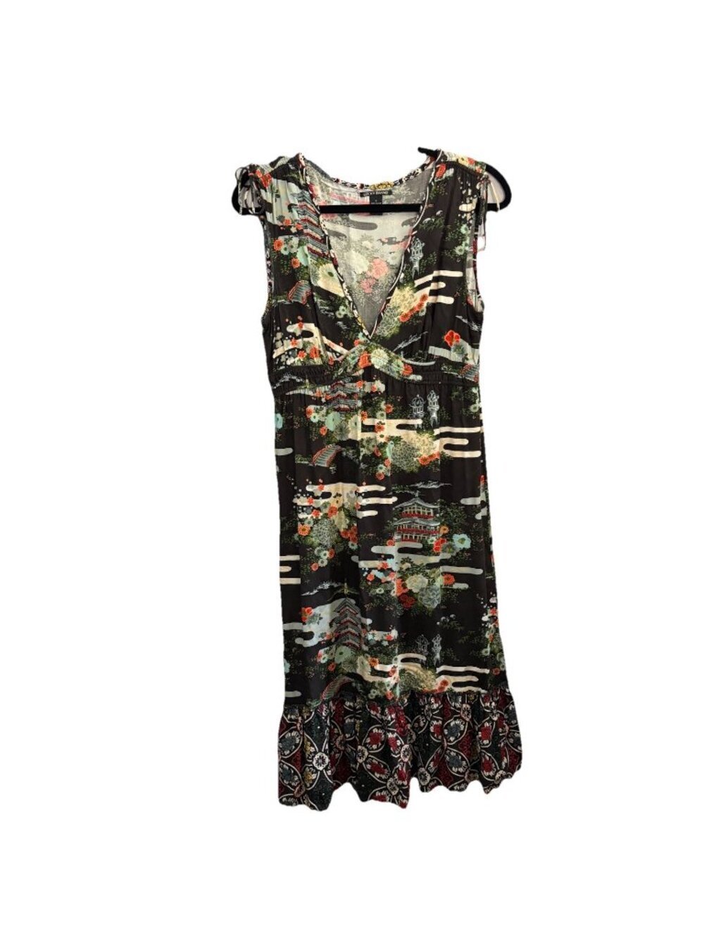 Lucky Brand Japanese Pagoda Print Dress V Neck Ruffle Hem Size Small